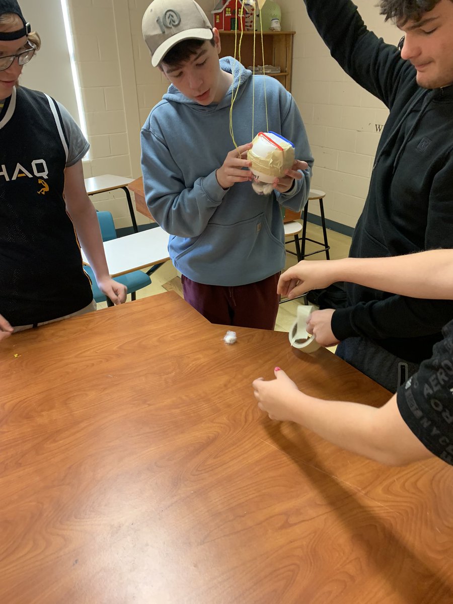 mssheppard_'s tweet photo. Sci 9 Ss are finishing off the space unit by creating crew modules. All astronauts must stay in their seats(can’t be glued or taped) and the door latch must stay closed during the drop. Problem solving skills &amp; creativity is really shining through! @BaccalieuSchool @NLESDCA https://t.co/8jLSygA89r