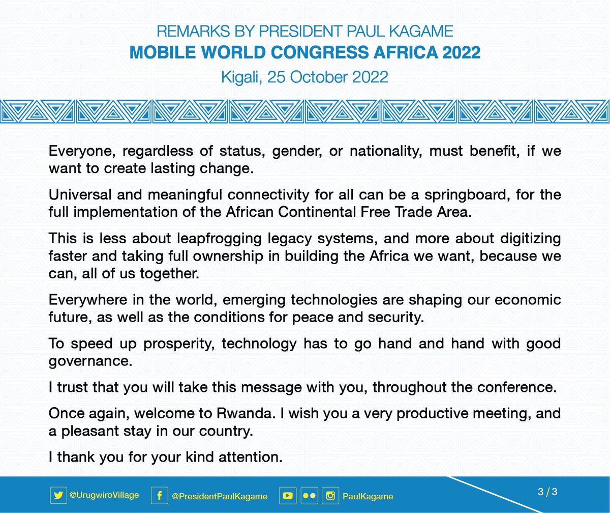 UrugwiroVillage's tweet photo. “Africa is home to creative and tech-savvy youth, looking for the right platform to contribute solutions. We cannot afford to reduce them to a statistic, only, or sit idly by, as they seek opportunity outside of Africa.” President Kagame | #MWC22 https://t.co/mvjYnXWIIU