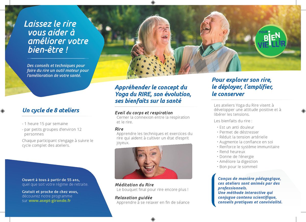 Yoga du Rire à Coutras
Ces mines pleines de bien-être sont les preuves des bienfaits du rire sur la santé.
Vous voulez permettre à vos habitants de plus de 55 ans en Gironde de s'inscrire à nos ateliers gratuits ?
Contactez nous
@CarsatAquitaine
<a href="/msa_actu/">La MSA</a>
<a href="/GirondeMsa/">MSA Gironde</a>