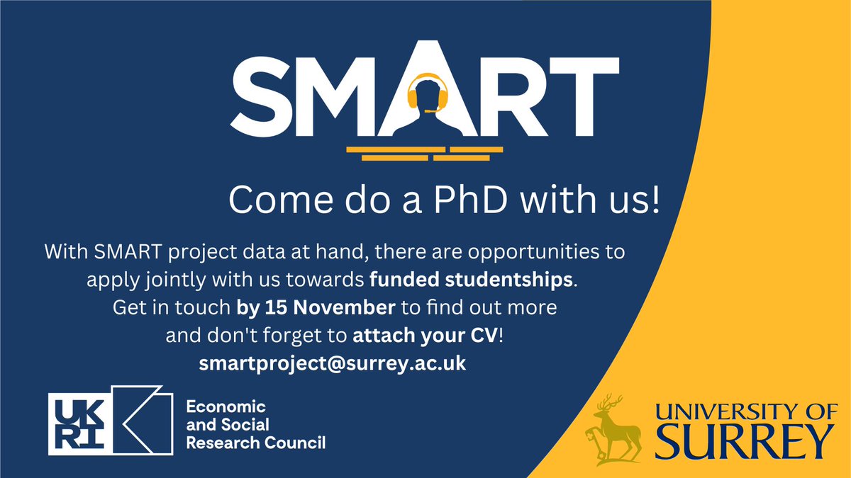 Are you interested in #respeaking and #accessibility? Data from the <a href="/SMARTatSurrey/">SMART</a> project could form the basis of your PhD. We invite expressions of interest from candidates willing to prepare funded studentship applications with us. Get in touch smartproject@surrey.ac.uk👇🏻