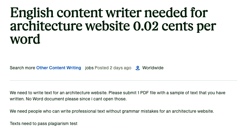 Seriously? Not sure what's worse, the dismally low pay rate or the numerous grammatical errors in a posting asking for 'text without grammar mistakes.' upwork.com/freelance-jobs… (I feel bad even including the link)
