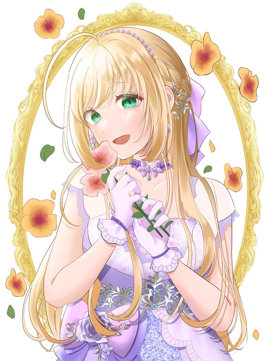 1girl flower solo blonde hair holding green eyes holding flower  illustration images