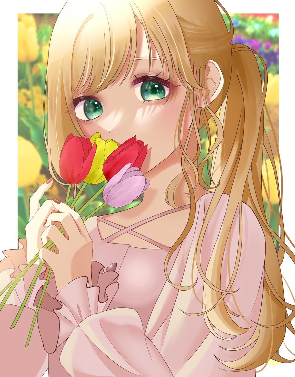 1girl flower solo blonde hair holding green eyes holding flower  illustration images