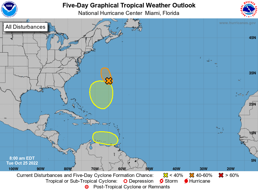 NHC_Atlantic's tweet photo. 8am EDT Tuesday Oct 25: NHC is currently monitoring 3 areas over the Atlantic basin that have development potential over the next 5 days.

Latest: https://t.co/m9946DpwNQ https://t.co/znokFZCyXw