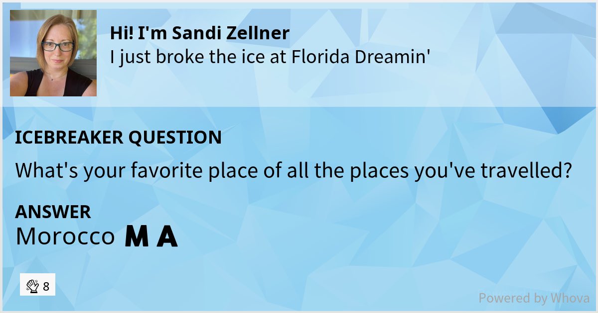 🔨 🧊 I just broke the ice at ⁦@dreamin_florida⁩! Check out my clever answer! (not so much clever, but definitely having fun with Whova app prompts) #FLD22 - via #Whova event app #TrailblazerCommunity #LifeWithGoldie #SalesforceMVP #TravelingTrailblazer