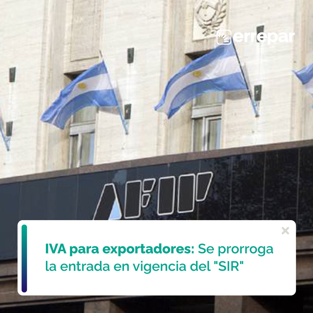 errepar's tweet photo. La AFIP prorroga al 3 de abril de 2023 la incorporación del régimen de reintegro del crédito fiscal del IVA atribuible a las operaciones de exportación y asimilables al Sistema Integral de Recupero “SIR”.

Enterate más 👉 https://t.co/reKPB0Ifke https://t.co/h4R5Wgwk6d