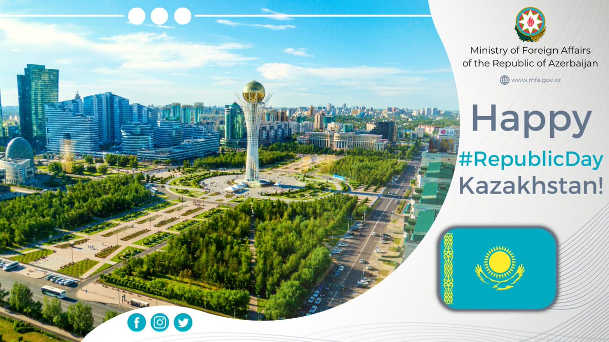 On the joyous occasion of #RepublicDay of brotherly #Kazakhstan, we offer our warmest & most sincere wishes to Government & People of Kazakhstan. Looking forward to further strengthening of 🇦🇿 🇰🇿 brotherhood & strategic partnership. Қазақстан Республикасының күнімен! 🇦🇿🤝🇰🇿