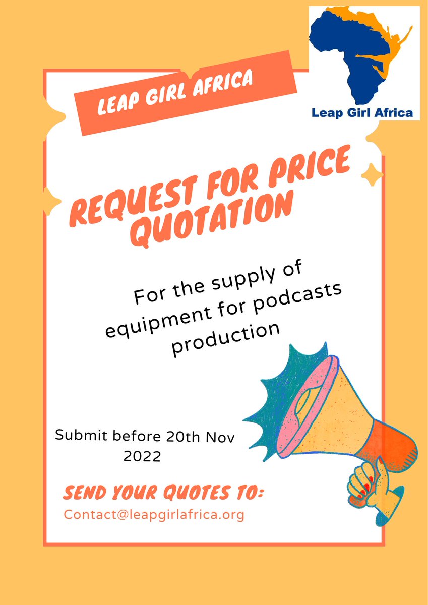 LeapGirlAfrica's tweet photo. Request for Quotation. We need a service provider(s) to supply us with  equipment for the registering and production of podcasts.
Application deadline is 20th November 2022 and details are on in the drive below in English and French.
#gbvfreecommunity 
https://t.co/4BnVQulPMk https://t.co/0OpKeZ5hAR