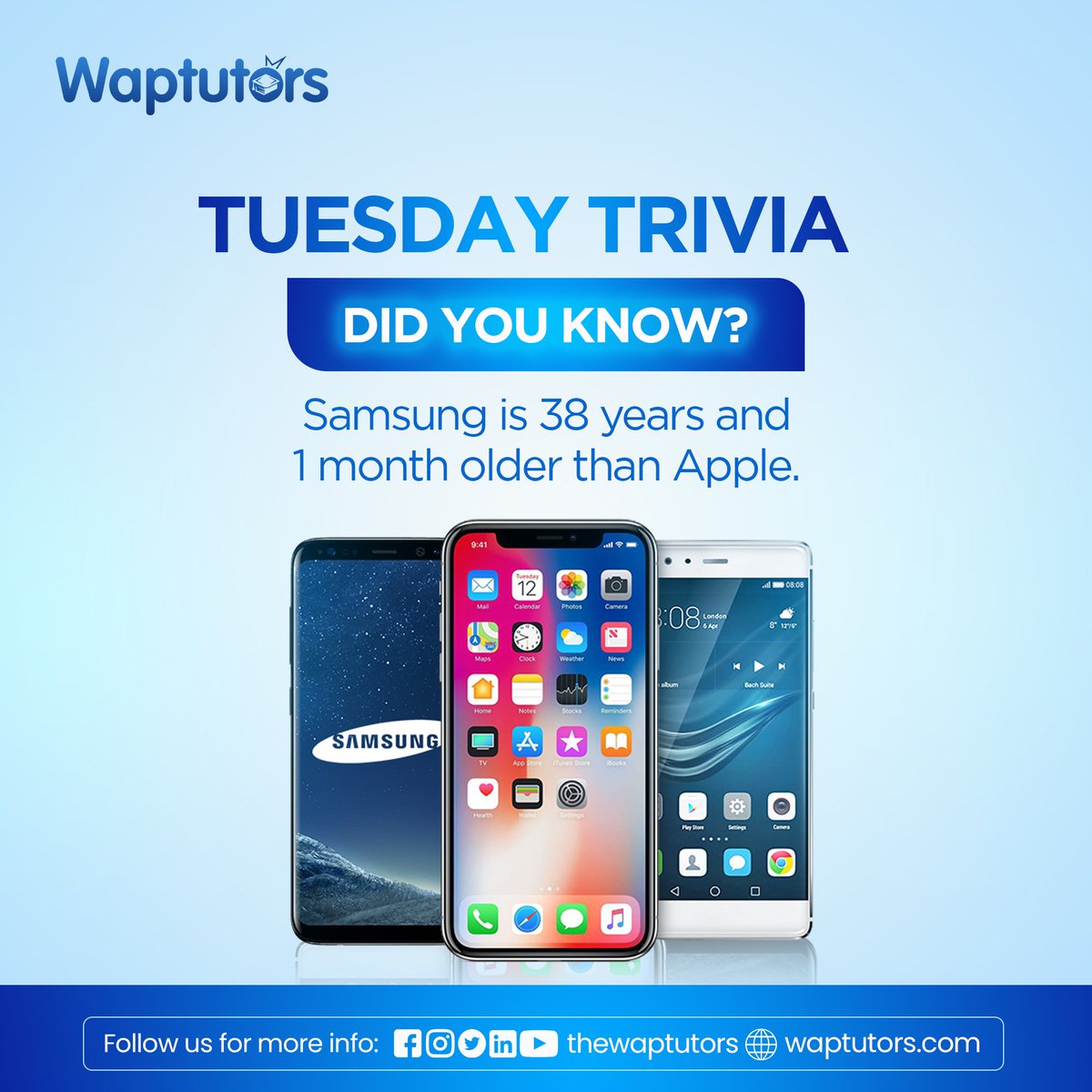 thewaptutors's tweet photo. Tuesday Trivia!!

Did you know Samsung is 38yrs and 1month old than Apple.

Follow us on:

Instagram: @thewaptutors
Facebook: @thewaptutors
Twitter: @thewaptutors

#LearnwithWTA #waptutors #tuesdaytrivia #samsung #apple https://t.co/NkKjltExtd