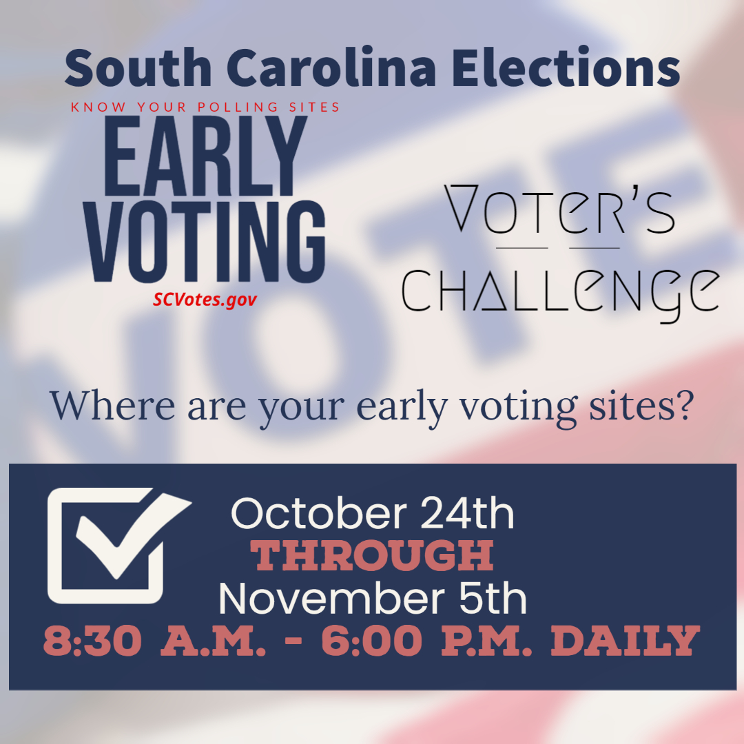MidMediationSC's tweet photo. Take the Challenge!! DO YOU KNOW???  Where are your polling places for Early Voting? 
South Carolina's Early Voting is from October 24th through November 5th.
Go to https://t.co/fHzz7r4Jo3 to learn more!! #vote #yourvoteyourvoice https://t.co/RUlp1SYRB0