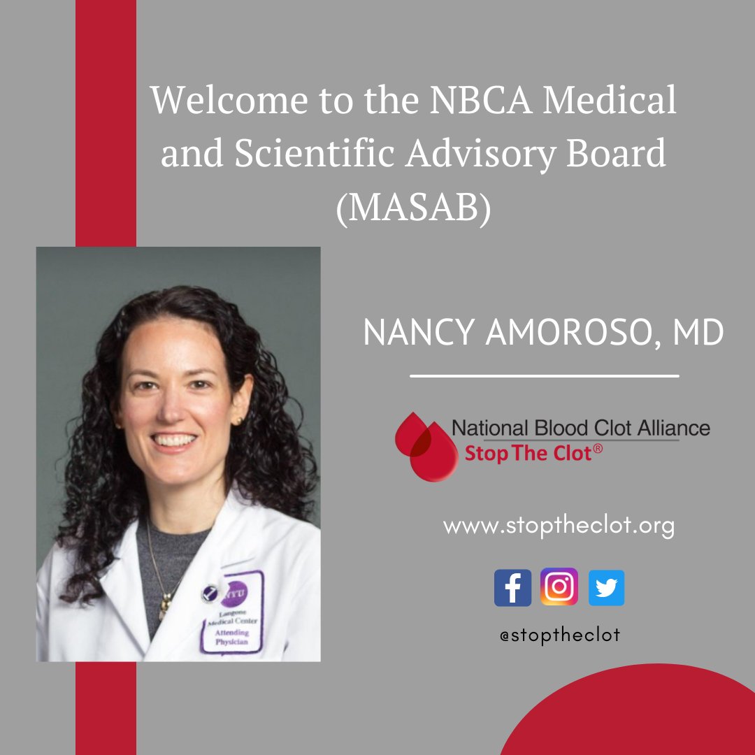 @StopTheClot is pleased to announce Dr. Nancy Amoroso as the newest #NBCAMASAB member & first #pulmonologist to join MASAB. She practices at @nyulangone & we look forward to her participation in advancing #patientcare for #bloodclotpatients. Welcome, Dr. Amoroso!