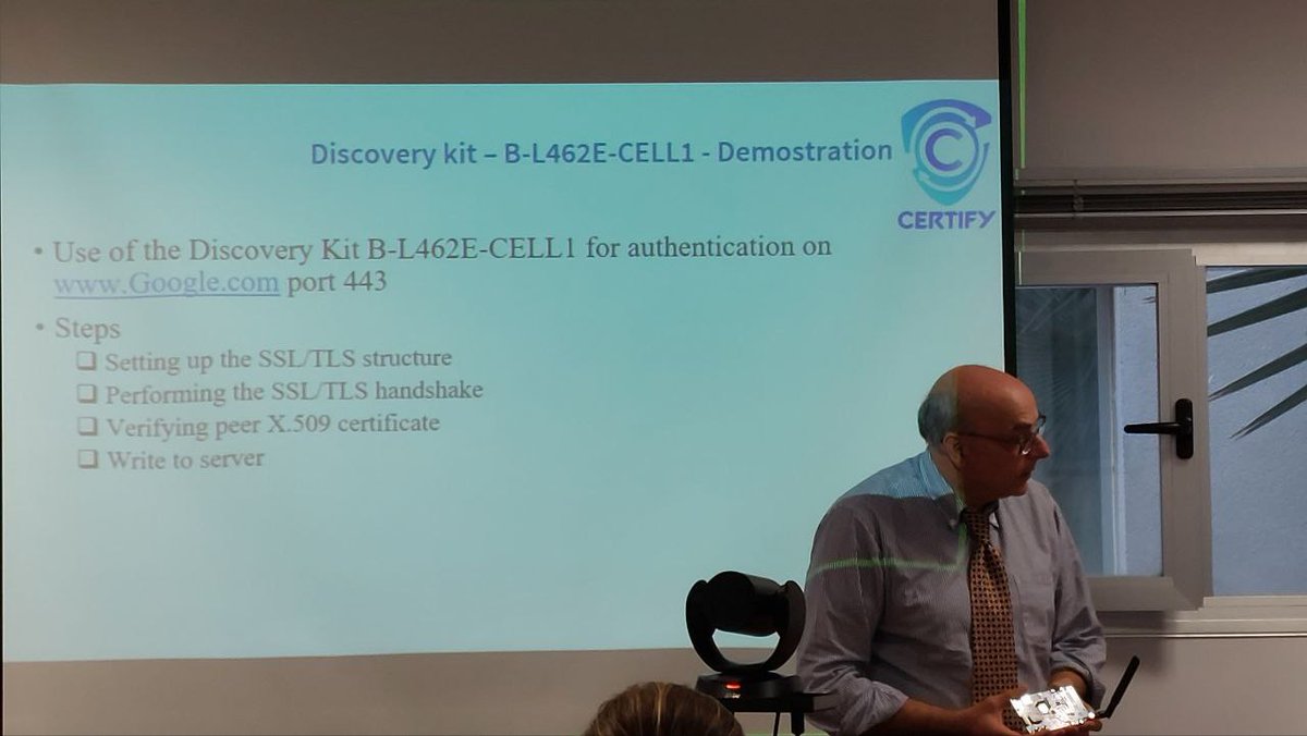 certify_project's tweet photo. Day 2  @certify_project  Kickoff meeting: 
STMicroelectronics Italia showed the demo with #ST #discoverykit to  
1. setting up #SSL #TLS structure
2. performing the SSL/TLS handshake
3. verifying peer X.509 certificate
4. write to server 

@mirko_ross @sven_r @digital_worx https://t.co/1LGfB7CCNQ