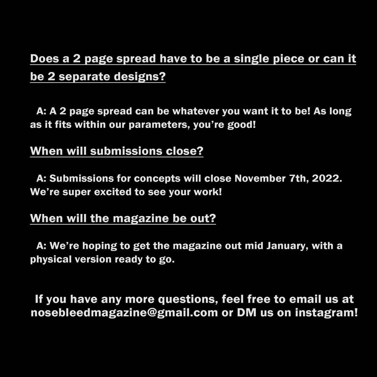 nosebleedmag's tweet photo. Some FAQs! Submissions for concepts due Nov. 7th! https://t.co/3tkAjYXoXq