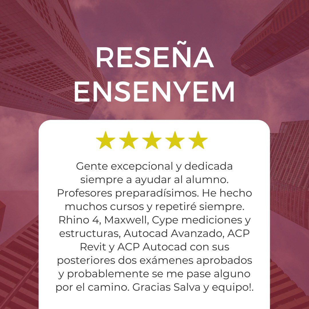 ¡Hola a todos y feliz martes!🎉Gracias por vuestras valoraciones, nos hacen seguir cada día con mucha motivación y con una sonrisa😍

#ensenyem #toolsfordesign #cursosarquitectura #formacionarquitectura