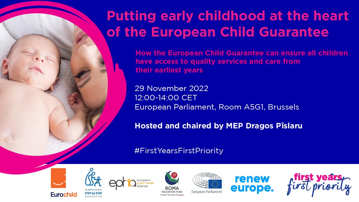 📢 New speakers confirmed! Save the date of 29 November to discuss how the #EUChildGuarantee can support #EarlyChildhood Development w/MEPs @aliciahoms @TonoEPP @msojdrova, Jiri Svarc @EU_Social and Katja Lenzing @EU_Justice. More info 👉eurochild.org/event/putting-…