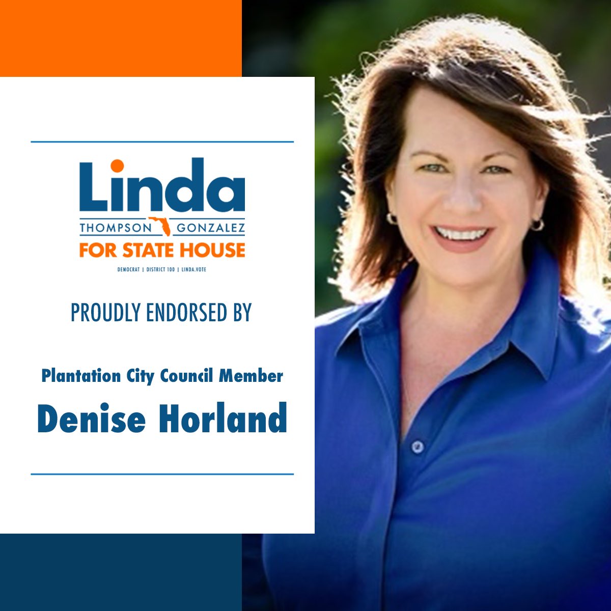 Big news! Council Member <a href="/DeniseHorland/">DeniseHorland</a> , City of Plantation endorses Linda Thompson Gonzalez for HD-100.

Council Member Horland knows that we need strong leadership in Tallahassee to fight for lower insurance costs and to protect local home rule! LTG is the woman for the job!