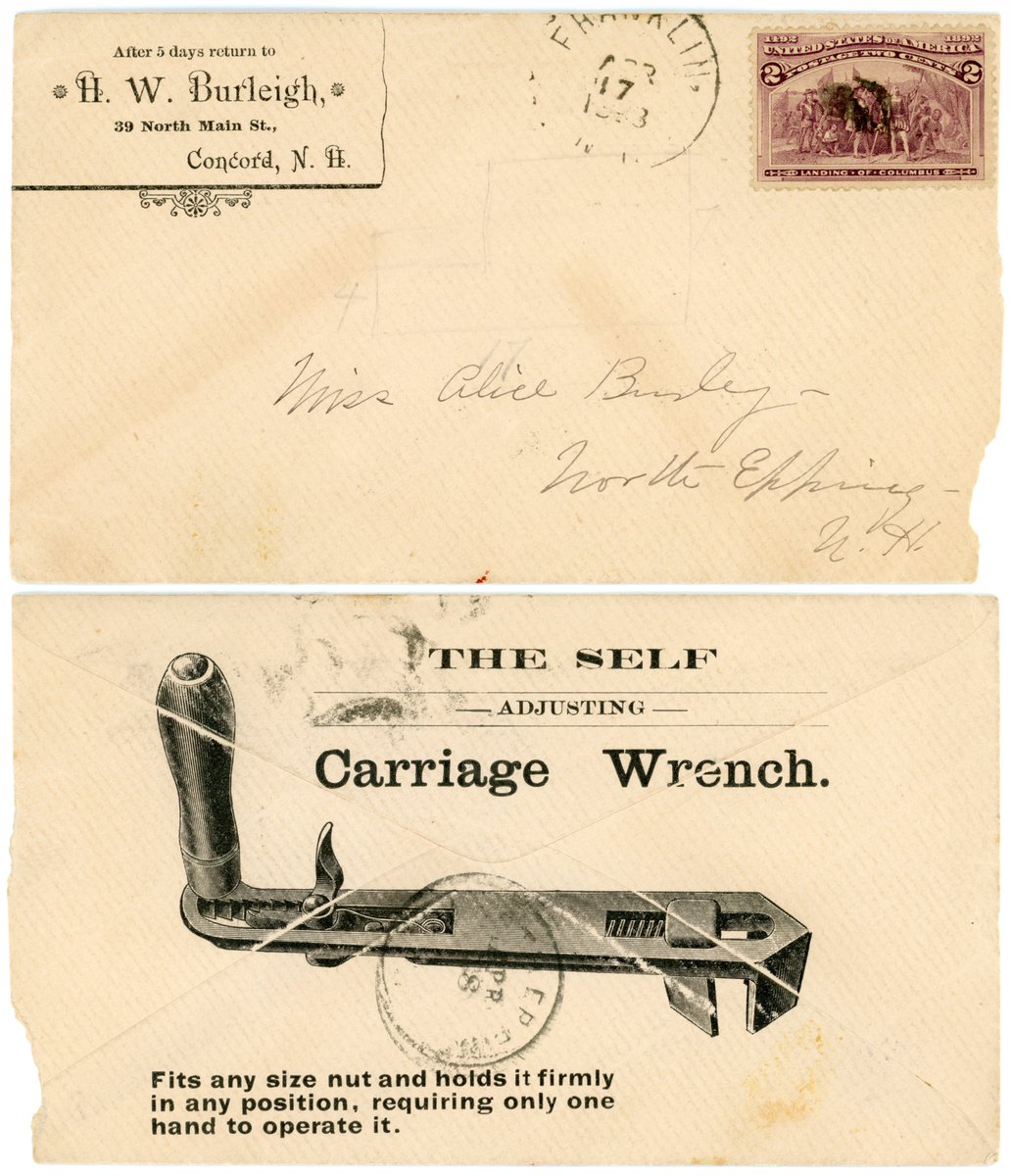 Advertising cover for H. W. Burleigh, The Self Adjusting Carriage Wrench - Concord, New Hampshire - 1893. #Stamps #Philately