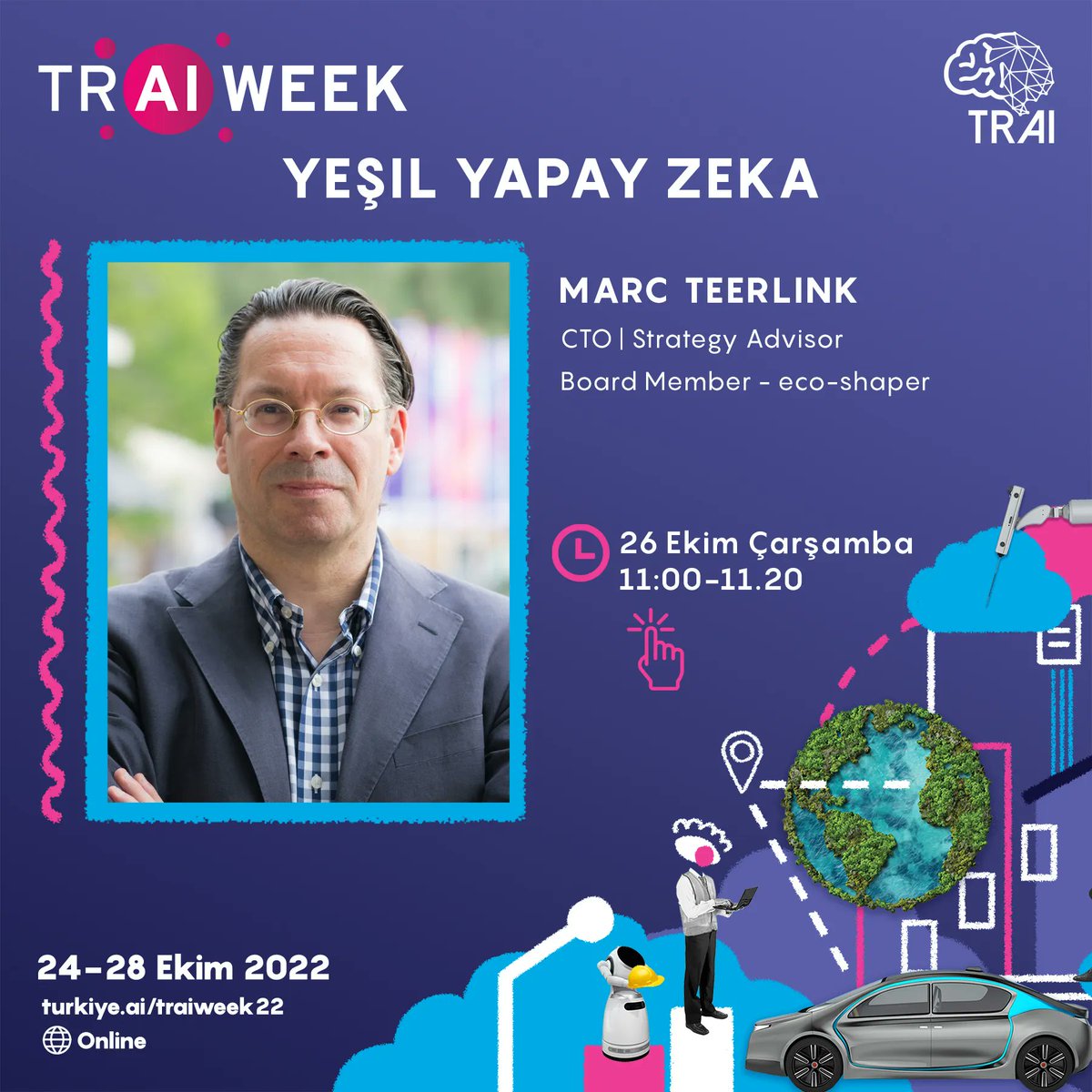 turkiyeai's tweet photo. 26 Ekim'de Yeşil Yapay Zeka konusuna odaklanıyoruz. Marc Teerlink önemli bir soruyu TR AI WEEK sahnesinde yanıtlıyor: Sürdürülebilirlik, etik ve kâr üzerinde gerçek bir etki nasıl yapılır? 
Link: https://t.co/zmsOaKHcdm 
#traiweek #turkiyeyapayzekahaftasi  #yapayzeka #TRAI #ai https://t.co/Bht4RKlvQm