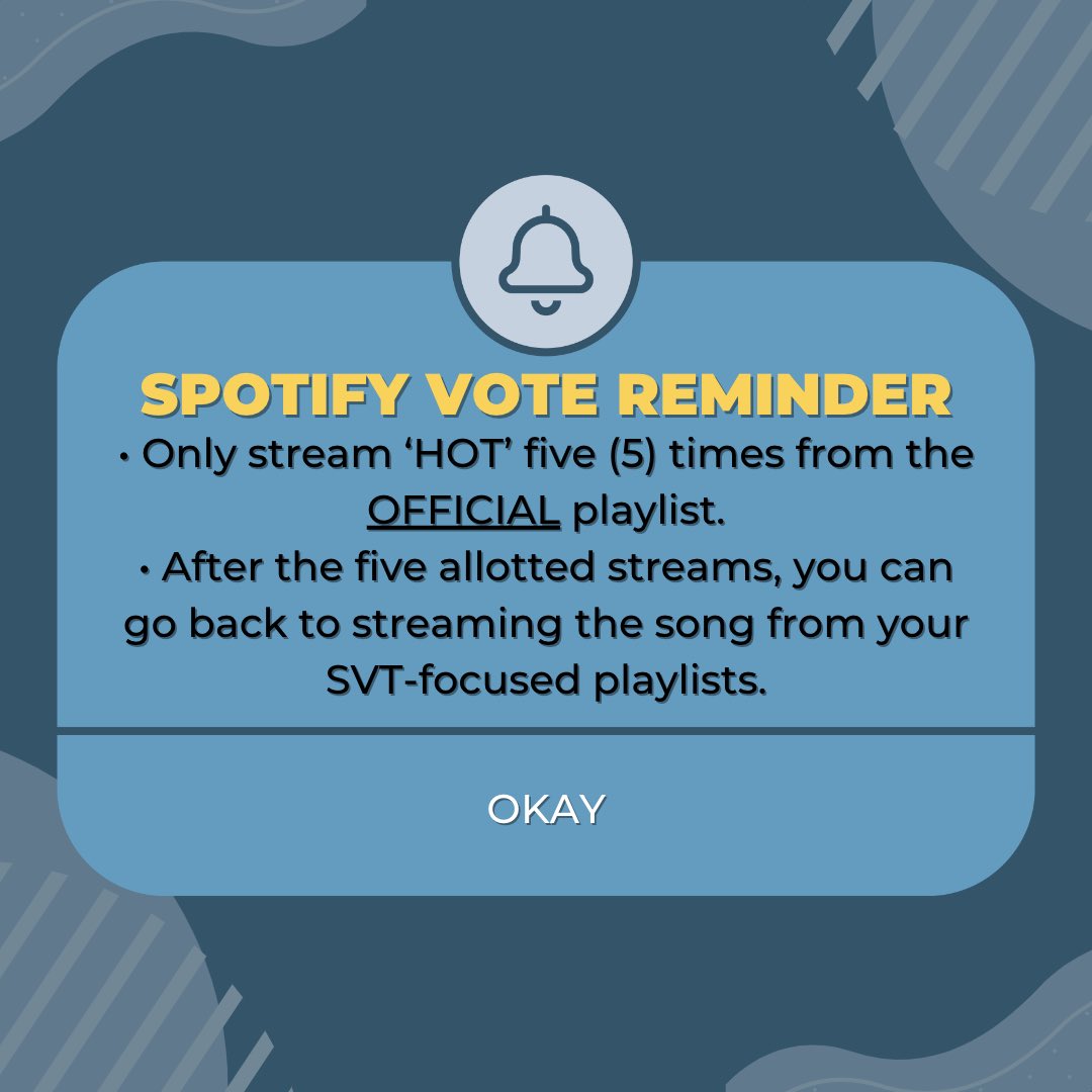 svtchartdata's tweet photo. 🗳 Spotify Vote Reminders and FAQs for the 2022 MAMA Awards

• Make sure to only stream ‘Hot’ five times from the OFFICIAL playlist.
• Make sure to stream for more than 30 secs
• Do NOT loop.
• Hide songs of other nominees.

#SEVENTEEN #세븐틴 @pledis_17 https://t.co/LGYqKOT7Ra