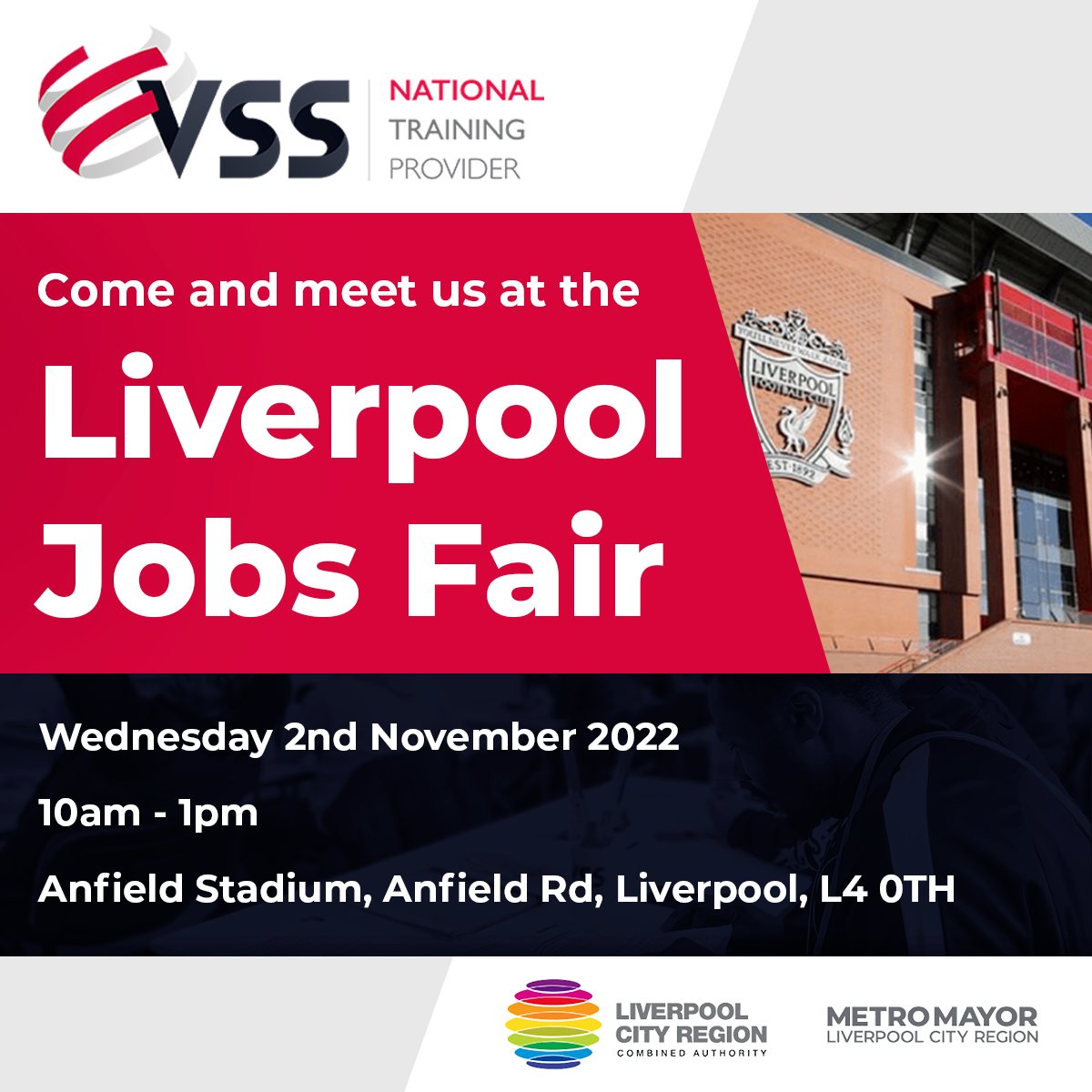 TrainingWithVSS's tweet photo. Come and meet us at the Anfield Stadium for the Liverpool Jobs Fair!
Find out more about our fully funded training courses which can help you gain the valuable skills and knowledge needed to progress into sustainable employment.
@TheJobFairs #liverpooljobsfair #jobs #liverpool https://t.co/7tokTRhAsS