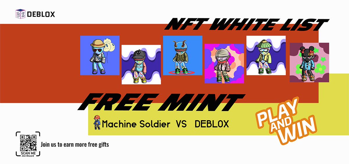 🤠Deblox x Machine Soldier free mint WL Spots! 
🎁 25 X WL #FREEMINT
-Follow: 
<a href="/Debloxio/">Deblox.io</a>
<a href="/MachineNFTs/">Machine Soldier（sold out）</a> 
-Tag 3fens
-♥️ &amp; RT
-Join DC discord.com/invite/kvN6pYP…
⏳ Winners will be announced in 24 hours!
#Deblox #DGS #NFTs #Crypto #NFTGiveaway