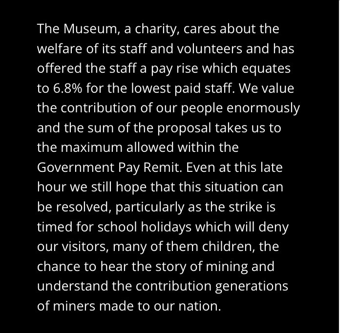 The absolute state of this 

The *National Coal Mining Museum* offers a 6% real terms pay cut to the lowest paid staff because they are a “charity”; claiming strikers will “deny” kids to the chance to “understand the contribution miners made to our nation”