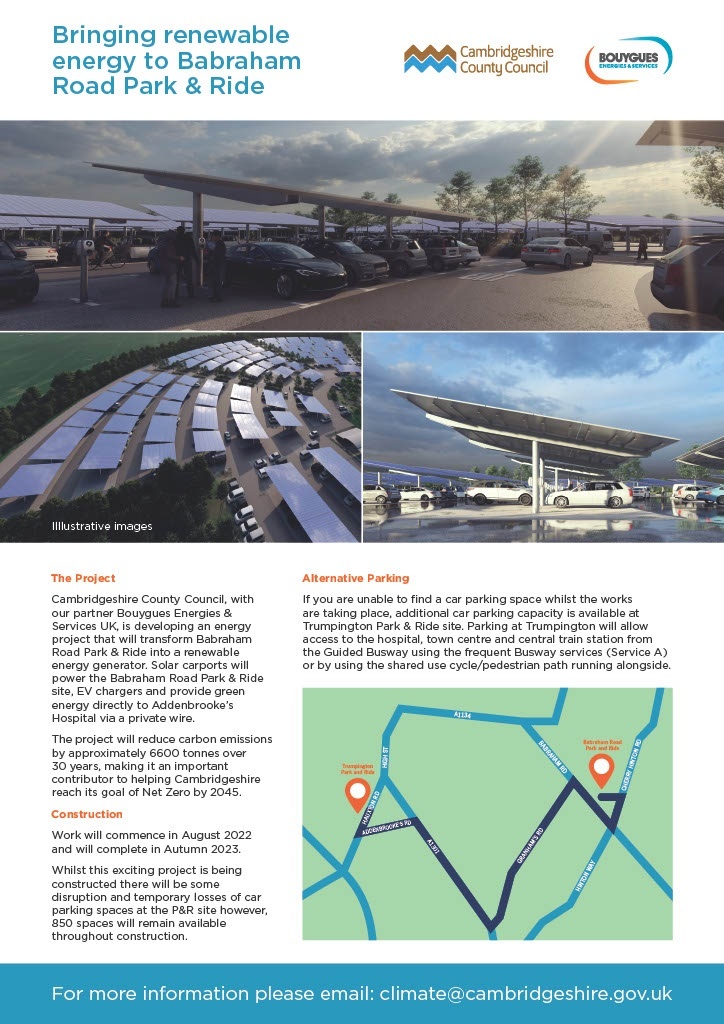 We’re currently installing solar panels at Babraham Park and Ride in Cambridge. The car park will remain open during the work but with reduced spaces. For more details about the work and parking arrangements visit here orlo.uk/TbXw6