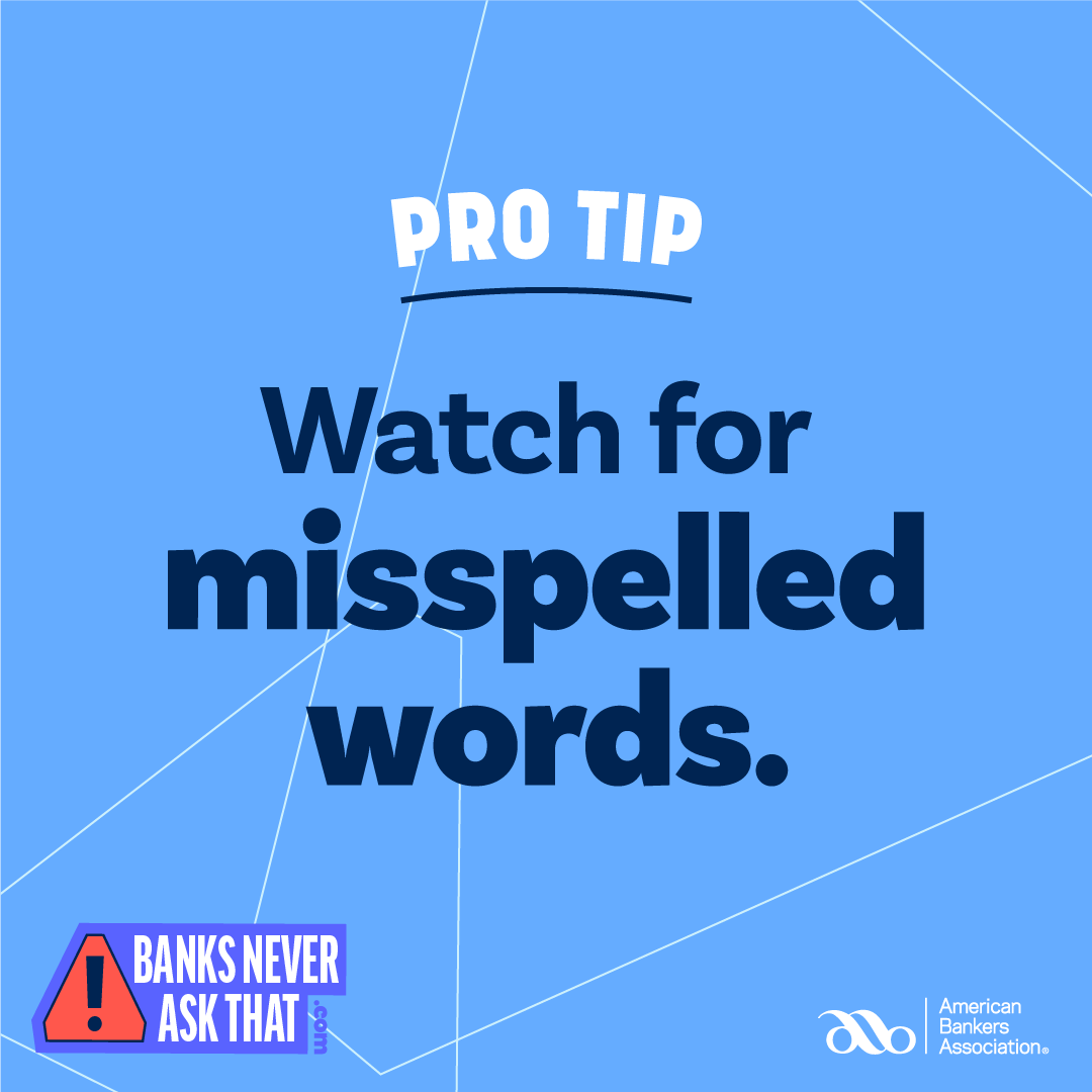 Fraudulent texts and emails often have typos. Real banks use spell check. Get more tips and play the new game 'Scam City' 👉 aba.social/3lpYQz4 #BanksNeverAskThat.

#FraudAwareness #CyberSecurityMonth