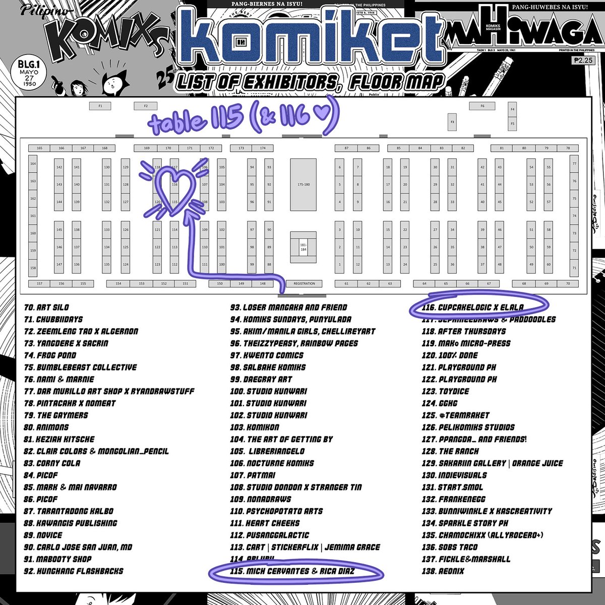 my merch catalog for komiket this october 29-30 💜 all my prints from earlier this year will be available along with some new goodies! come find me n my besties @wwofmoi @cupcakelogic and @elalalart at table 115 and 116 (refer to the map below!) hope to see you there 🫡