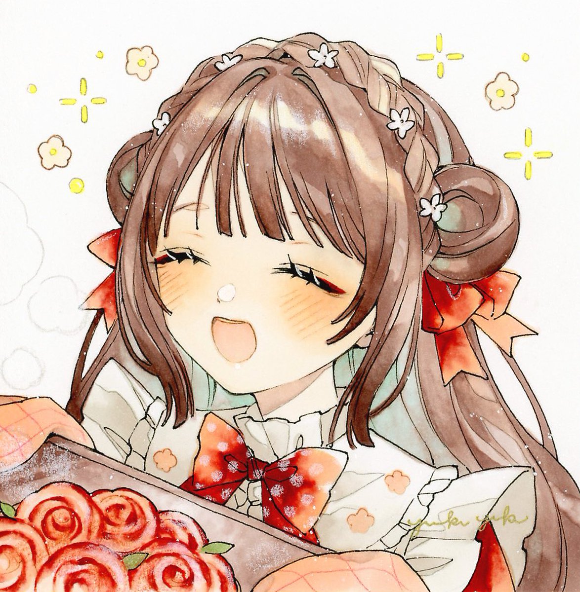 1girl closed eyes brown hair solo flower oven mitts hair bun  illustration images