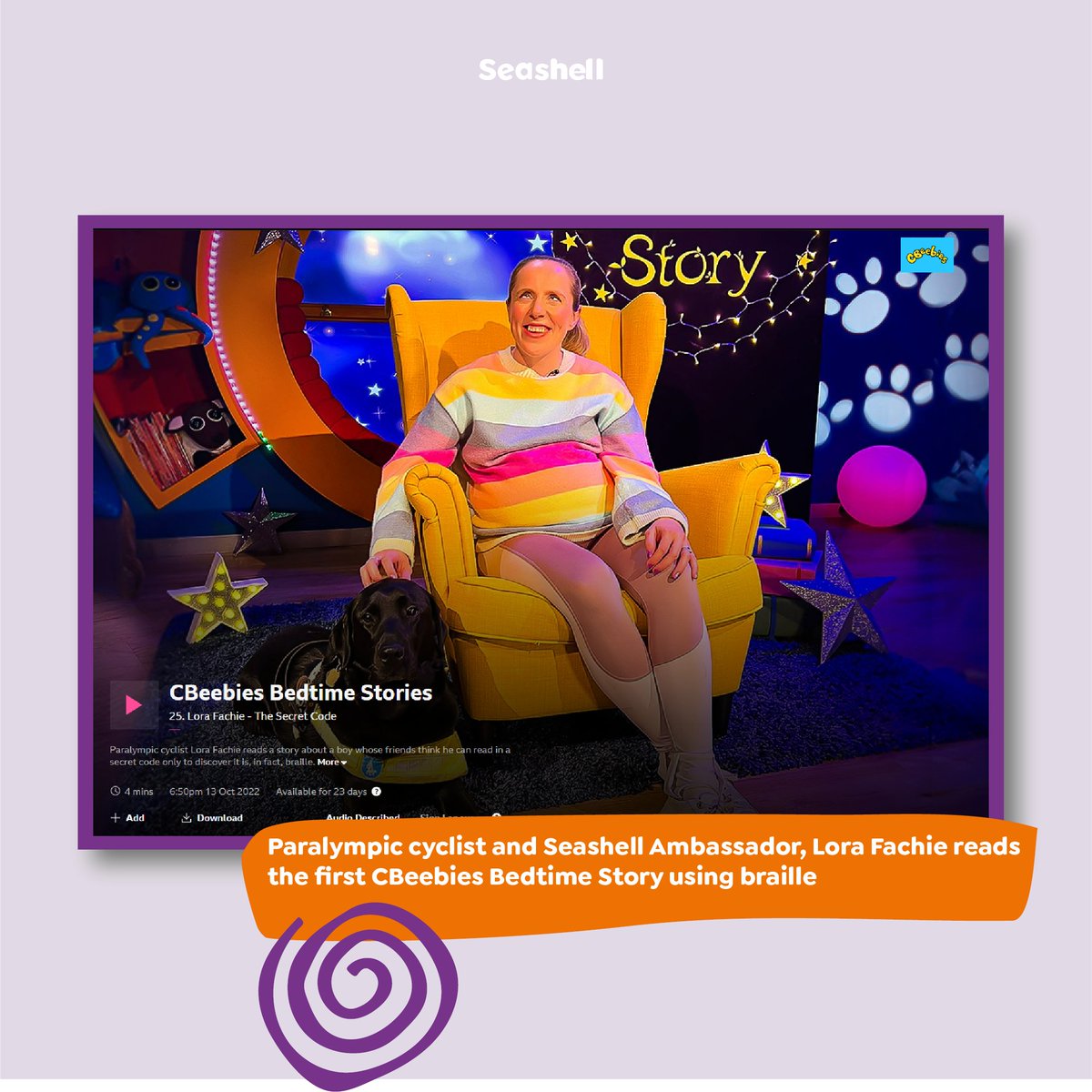 seashelltrust's tweet photo. Who saw Paralympic cyclist and Seashell Ambassador Lora Fachie reading the first story using braille on CBeebies Bedtime Stories? 🤩 
The story is about a boy whose friends think he can read in a secret code only to discover it is, in fact, braille
 👉 https://t.co/4eaQTqqifC https://t.co/GZKVdlkMkY
