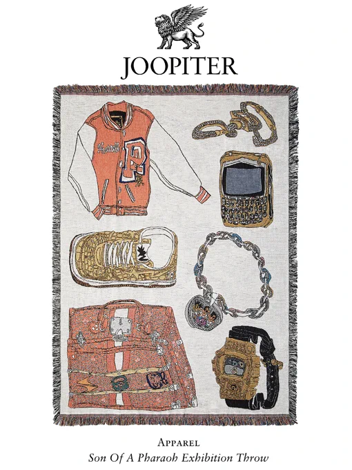 ┈┈┈┈┈┈┈┈ NEW WORK┈┈┈┈┈┈┈┈ファレル・ウィリアムスが立ち上げたデジタルオークションハウス『JOOPITER』へ本人の私物を7点描き下ろしました。落合の描いた絵がラグになっております。「JOOPITER Son of a Pharaoh Graphic Exhibition Throw Blanket」 