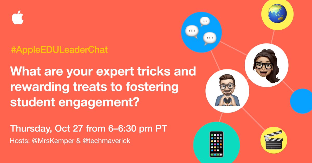 🎊Please joing #AppleEDULeaderChat this week with hosts @MrsKemper and <a href="/techmaverick/">Mike Lawrence • he/him</a>! #applelearningcoach #appleteacher 

➡️What are your expert tricks and rewarding treats to fostering student engagement? 

@IamDrLietz <a href="/idacavagec/">Craig Idacavage</a> @jmoulton <a href="/lindsaybcross/">Lindsay Cross</a> @BrianWTimm