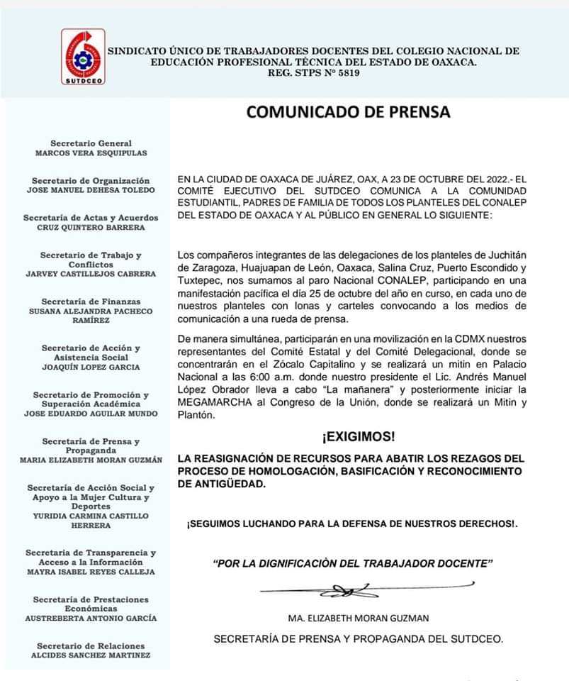 SUTDCEOTuxtepec's tweet photo. Comunicado de prensa para toda la opinión pública. #Sutdceo #Oaxaca @EnriqueKuHerr https://t.co/YEQinQCV8f