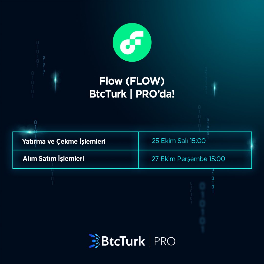 BtcTurkKripto's tweet photo. Flow (FLOW) BtcTurk | PRO’da!

#Flow (#FLOW) yatırma ve çekme işlemleri başladı.

Türk lirası ve Tether (USDT) ile alım satım işlemleri ise 27 Ekim Perşembe günü saat 15:00'te başlıyor. https://t.co/qFC8rZv7H2