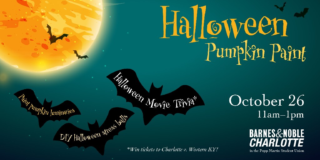 Join us tomorrow, Oct 26. from 11 a.m. to 1 p.m. for our Halloween Pumpkin Paint! 🎃 Paint wooden pumpkin luminaries and plaques, create Halloween stress balls and participate in Halloween Movie trivia! #CLT #UNCCharlotte