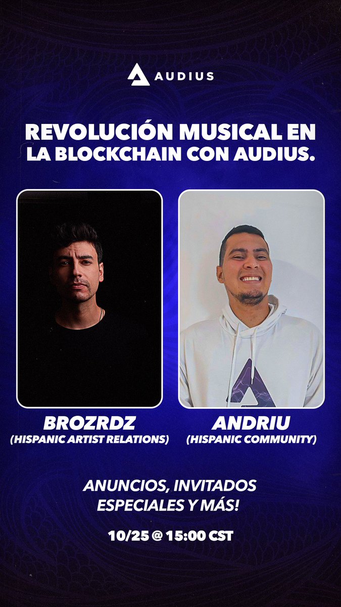 Recordatorio de nuestro Space el día de hoy con <a href="/AndriuJose20/">Andriu.sol</a> &amp; <a href="/brozrdz/">el b͢ r͢ o͢ z 🎧</a> en nuestra cuenta oficial @AudiusProject 🔥💜 te esperamos x.com/i/spaces/1DXxy…