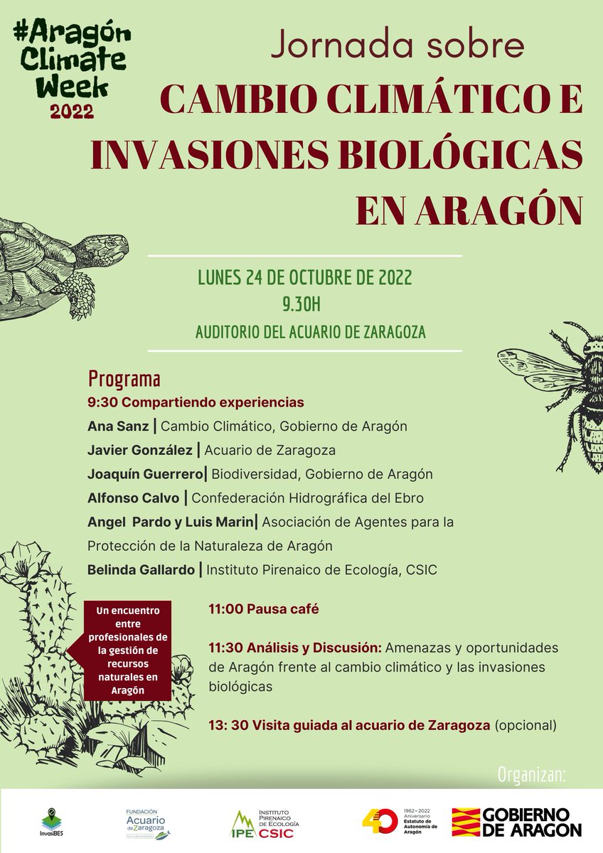 En el marco de la #AragónClimateWeek, celebramos una Jornada sobre #CambioClimático e #InvasionesBiológicas en Aragón
Participaron 5⃣0⃣ representantes de administraciones públicas con experiencia en la gestión de #especiesexóticasinvasoras
Abro 🧵 1/8