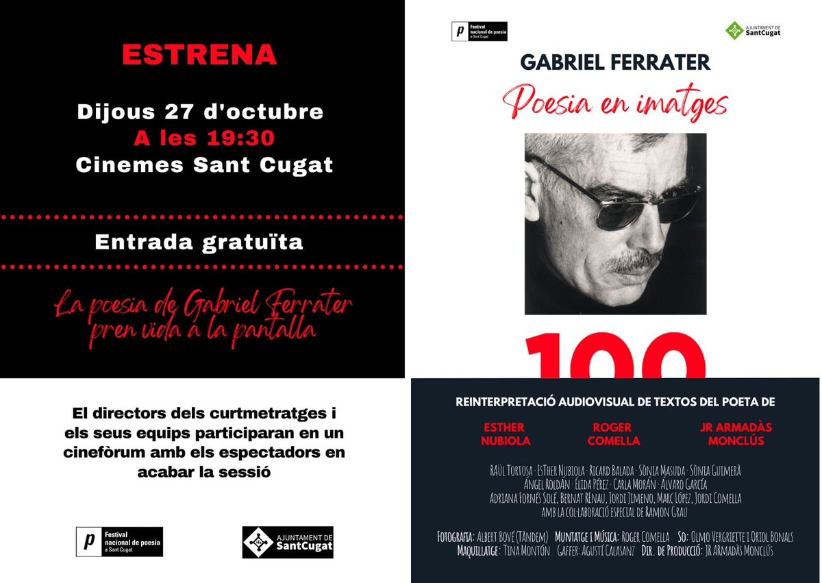 ajsantcugat's tweet photo. 📽️Aquest dijous 27 d'octubre vine als @CinemesStCugat a gaudir de l'estrena dels videopoemes "Gabriel Ferrater: poesia en imatges"
➡️Amb Esther Nubiola, Roger Comella i @jrarmadas
🕑19:30 h + Cinefòrum
📲Info https://t.co/aJQqFyd2TG
@FNPoesiacat @FerraterGabriel @culturastc https://t.co/qyCzrwmGeD