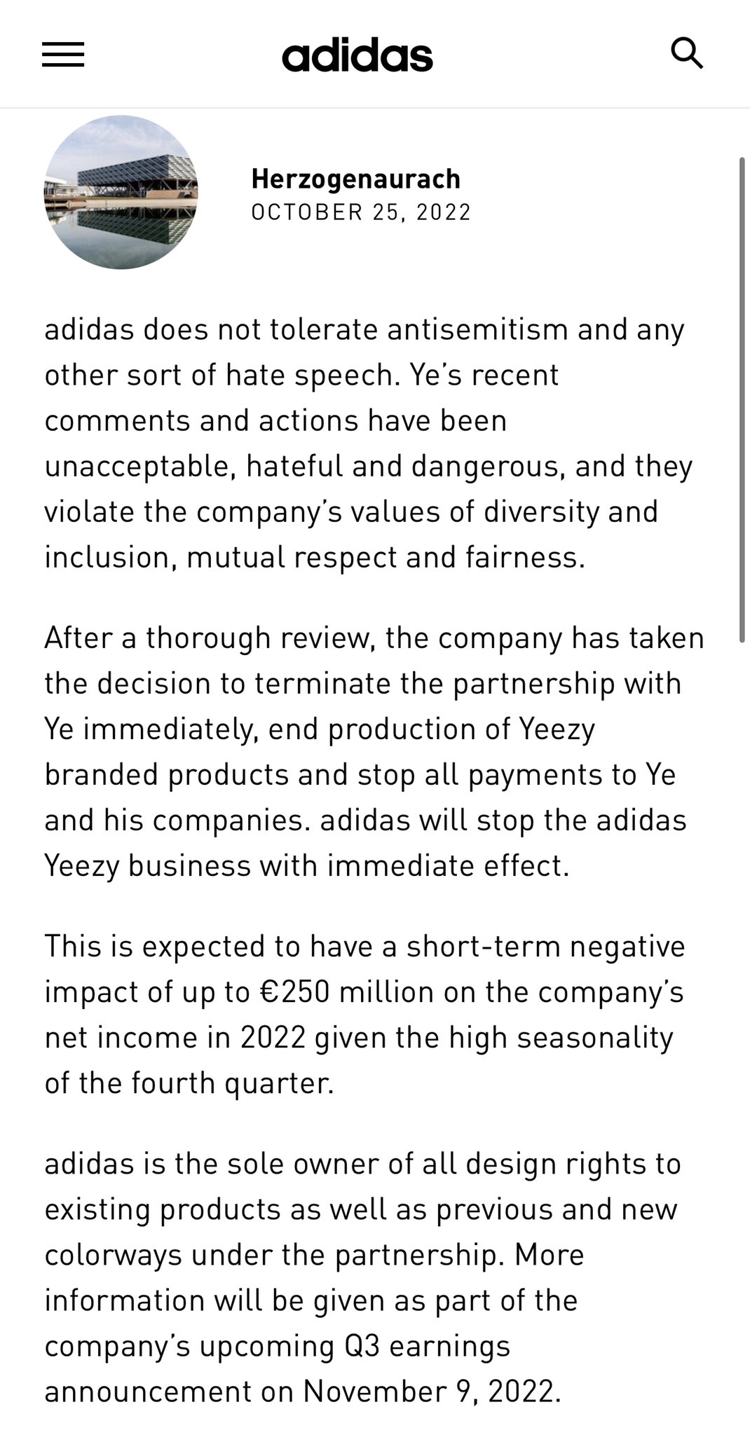 aflange Resistente løg Nick DePaula on Twitter: "BREAKING: Adidas has terminated its partnership  with Kanye West “immediately.” Brand says it will “end production of Yeezy  branded products and stop all payments to Ye and his