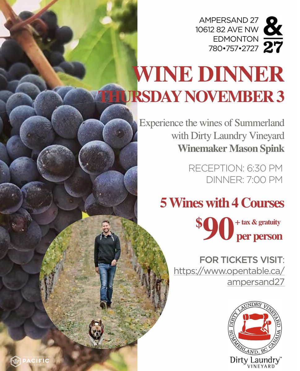 caskandbarrel73's tweet photo. We are almost sold out for the Dirty Laundry Wine Dinner on November 3rd at Ampersand 27. Make sure to get your tickets today and meet Winemaker Mason Spinks and enjoy 4 courses paired perfectly with our wines. @PWS_Canada @ampersand27yeg @DirtyLaundryVin https://t.co/7aviuSNbNz