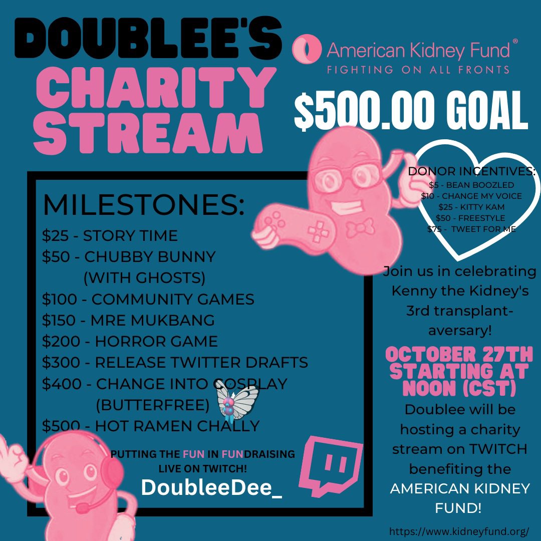 Raising money for the #AmericanKidneyFund THURSDAY starting at NOON! 🖤 #CharityStream #ckd #esrd #donatelife #donothon #heartyourkidneys 🧡