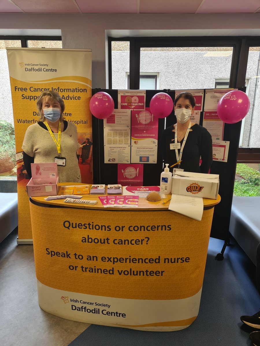 #careforyourpair Helping to spread the word about being breast aware in UHW meet the girls who are there to chat to patients,staff & visitors about breast cancer #pinkmonth take part in a quiz and win some fab prizes @hselive @NAS_Waterford @HrSswhg @SouthEastCH @IrishCancerSoc