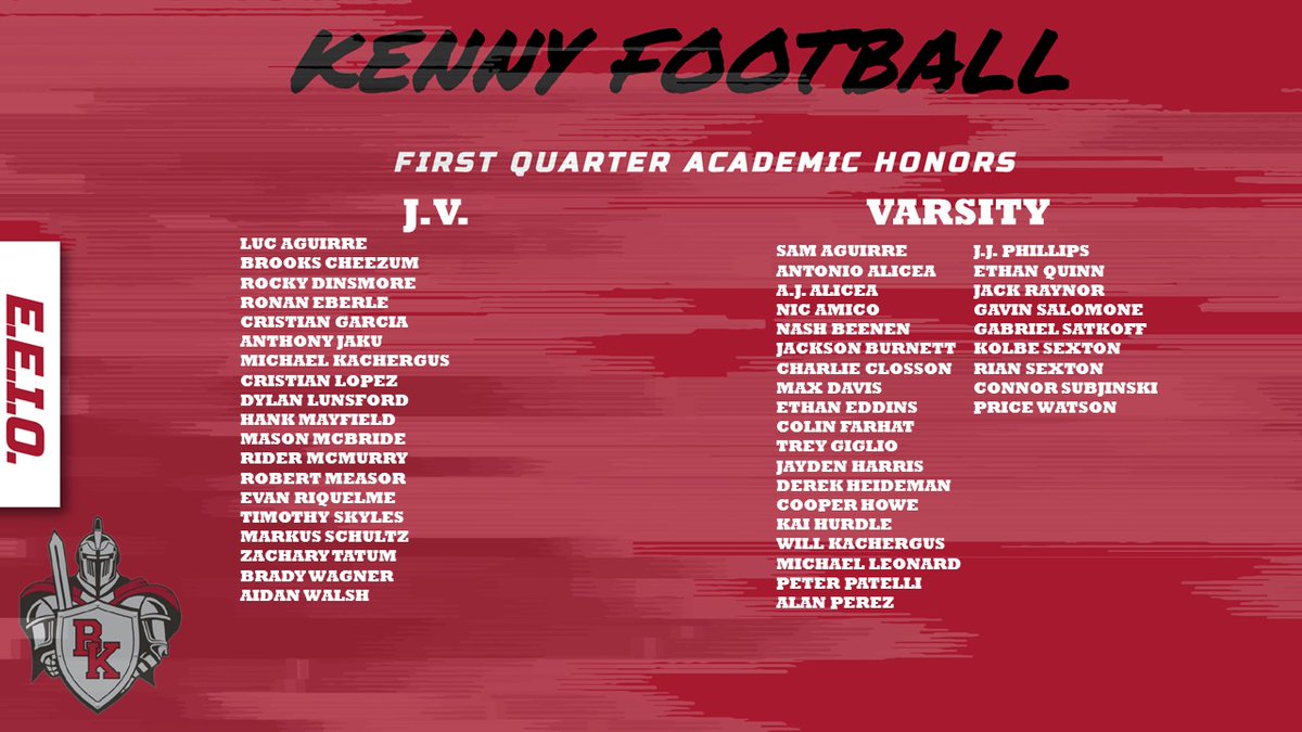 Congratulations to the 47 members of our program who received Academic Honors for the first quarter!  We are incredibly proud of the work that they put in to excel both in the classroom and on the field!
#EEIO #KennyPride
