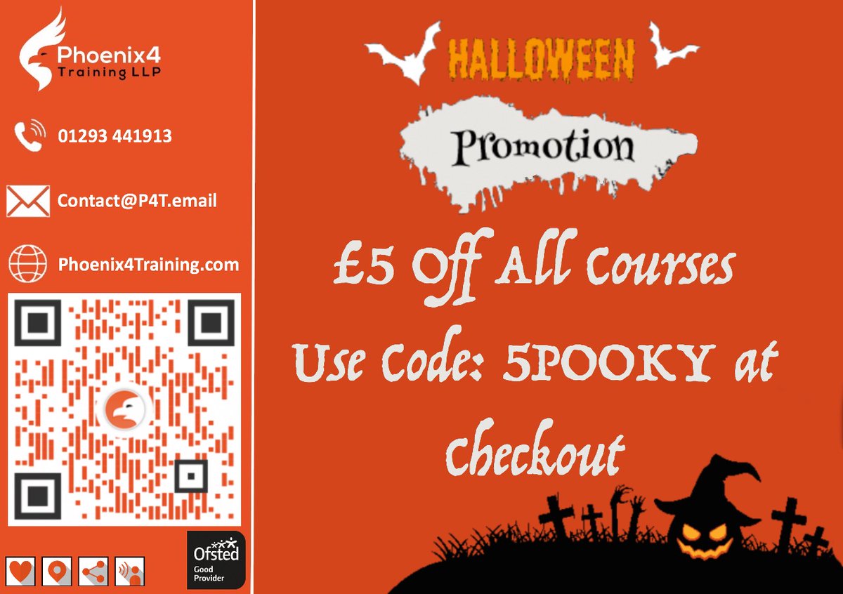 P4TLLP's tweet photo. PROMOTIONAL HALLOWEEN DISCOUNT

£5 off any of our online courses when you use the code 5POOKY at checkout.

Scan the QR Code or follow the link below to get started:

https://t.co/Hq7O7fw8L0

#Halloween #halloween2022 #sale #CPDtraining #cpd #training https://t.co/HoAl7t1puw