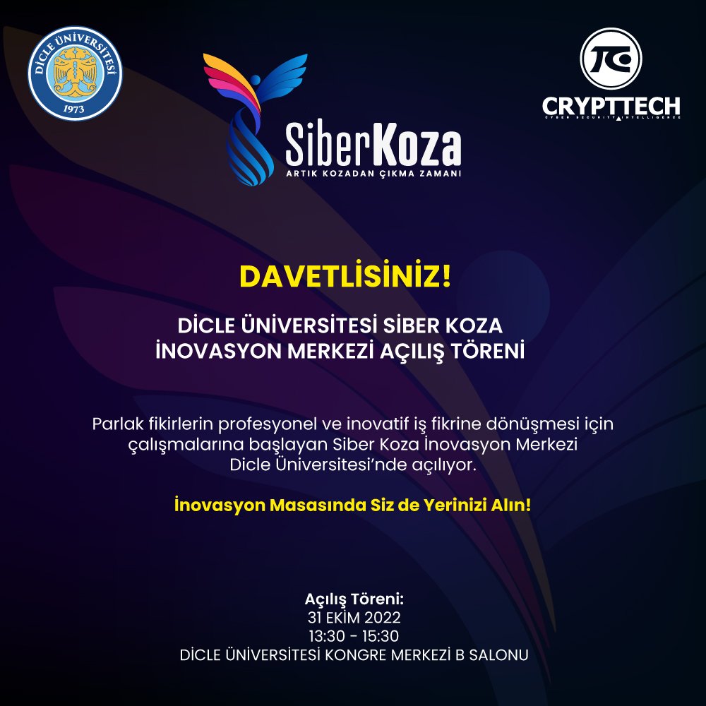 siberkoza's tweet photo. Dicle Üniversitesi Siber Koza İnovasyon Merkezi 31 Ekim’de Açılıyor! 🦋
#artıkkozadançıkmazamanı #unleashyoursuperpower #innovationcenter #inovasyonmerkezi
#inovasyonmasası #cybersecurity #sibergüvenlik #yapayzeka #artificialintelligence #crypttechailab
#project #onlinetraining https://t.co/BBwI95ufp9