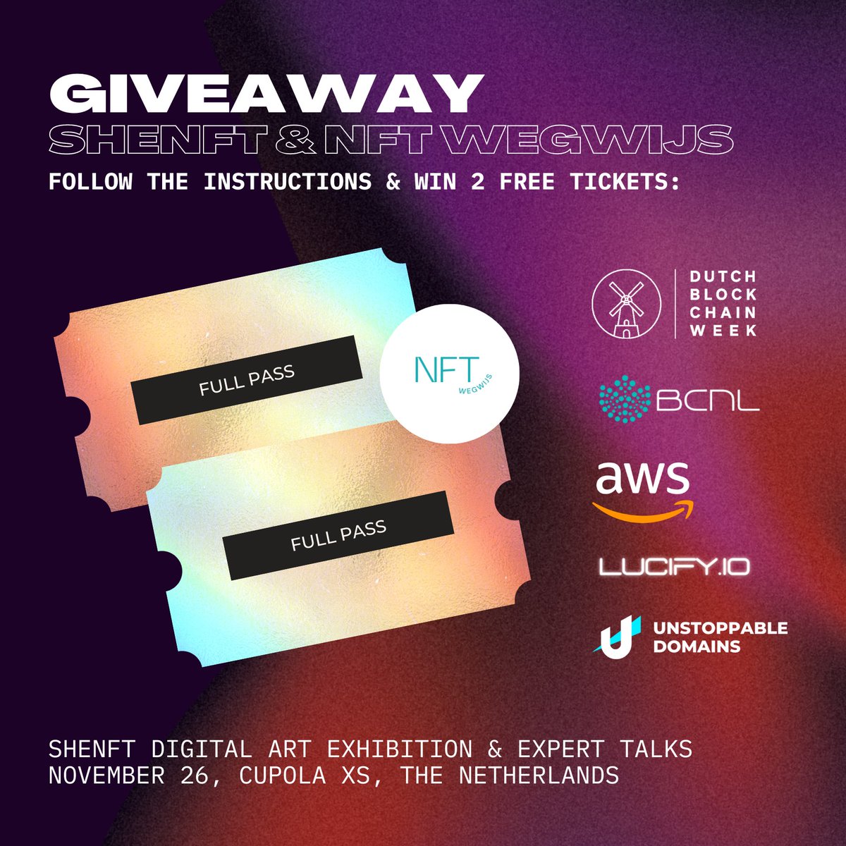 So excited!!! It’s Give-away-time!🥳
 
SheNFT is the first women empowering NFT exhibition in Europe and i have 2 free tickets for you to win!!🤩

What to do?
 
1️⃣ Like &amp; Retweet this massage
2️⃣ Follow <a href="/metasoulsco/">Metasouls • SheNFT Netherlands</a> 
3️⃣ Tag 3 of your NFT buddies 

⏰ november 1st