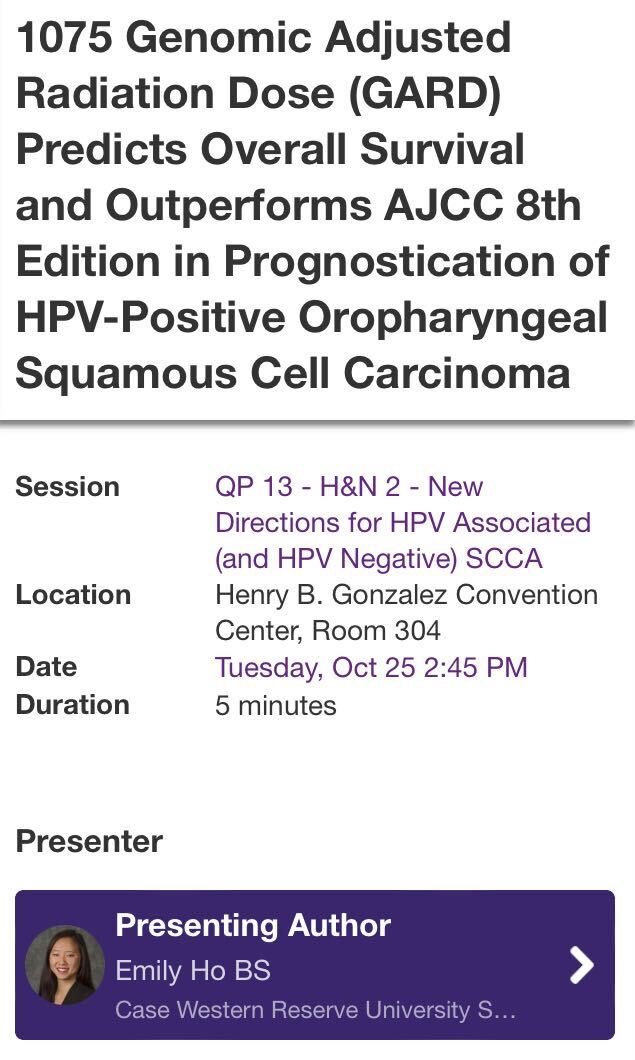Good morning #ASTRO22 - when you’re planning your day, make sure to leave time at 2:45pm to come to room 304 to see <a href="/CWRUSOM/">CWRU School of Medicine</a> student <a href="/emily_c_ho/">Emily Ho</a> present our newest work using GARD to predict outcomes (and #personalize radiation dosing) in #headandneckcancer #clecliniccancer