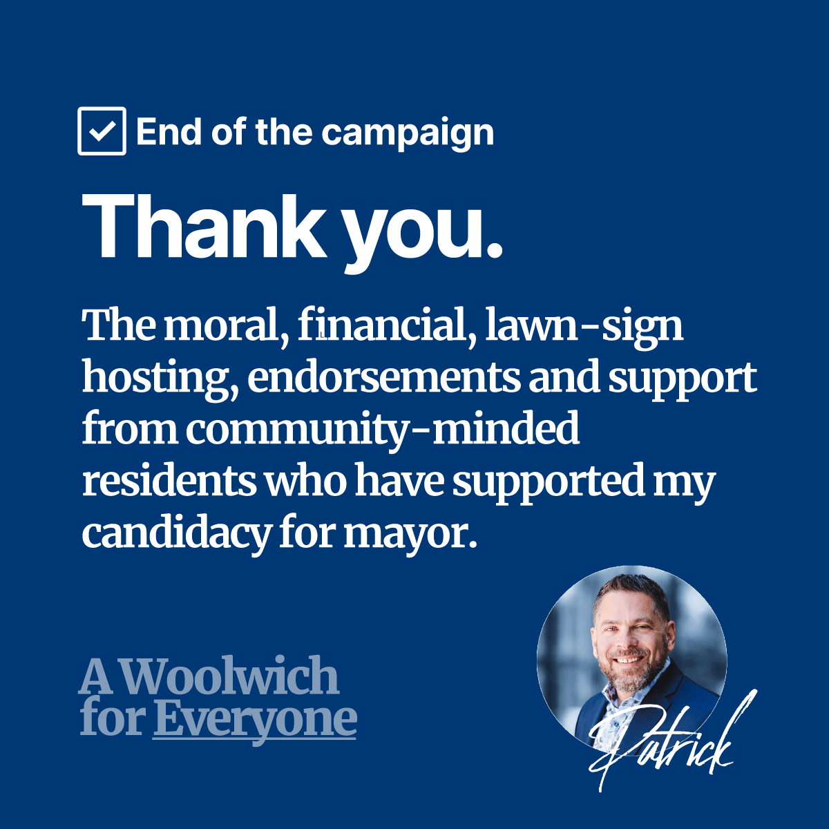 PatMerlihan's tweet photo. It was an amazing experience running for Mayor and it took a whole lot of people to support me to make it happen.

Thank you to all of you who voted, and supported me with a lawn sign or donation. Every bit of help, advice, text, phone call and email has been greatly... https://t.co/bISk6TMrwX