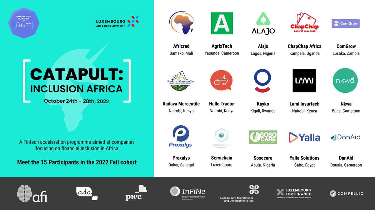 15 startups selected for CATAPULT: Inclusion Africa 2022

The programme targets startups focused on financial inclusion in Africa, building bridges with Luxembourg’s microfinance and broader finance industry

👉 disrupt-africa.com/2022/10/24/15-…
#Fintech #FinancialInclusion #CatapultAfrica